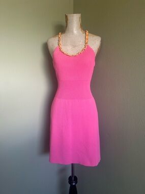 Zara Hot Pink Knit Halter Dress with Gold Chain Straps